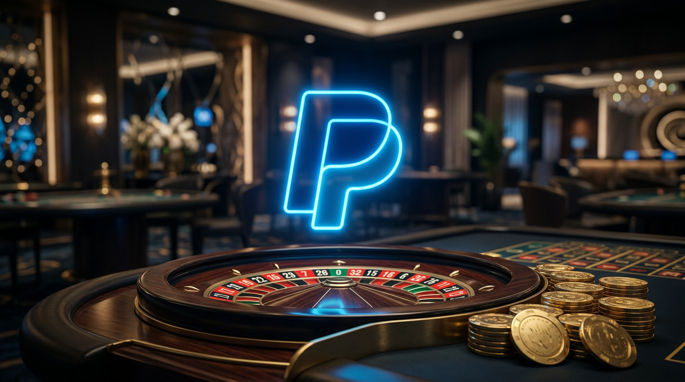 Logo PayPal nad kołem ruletki w nowoczesnym kasynie online