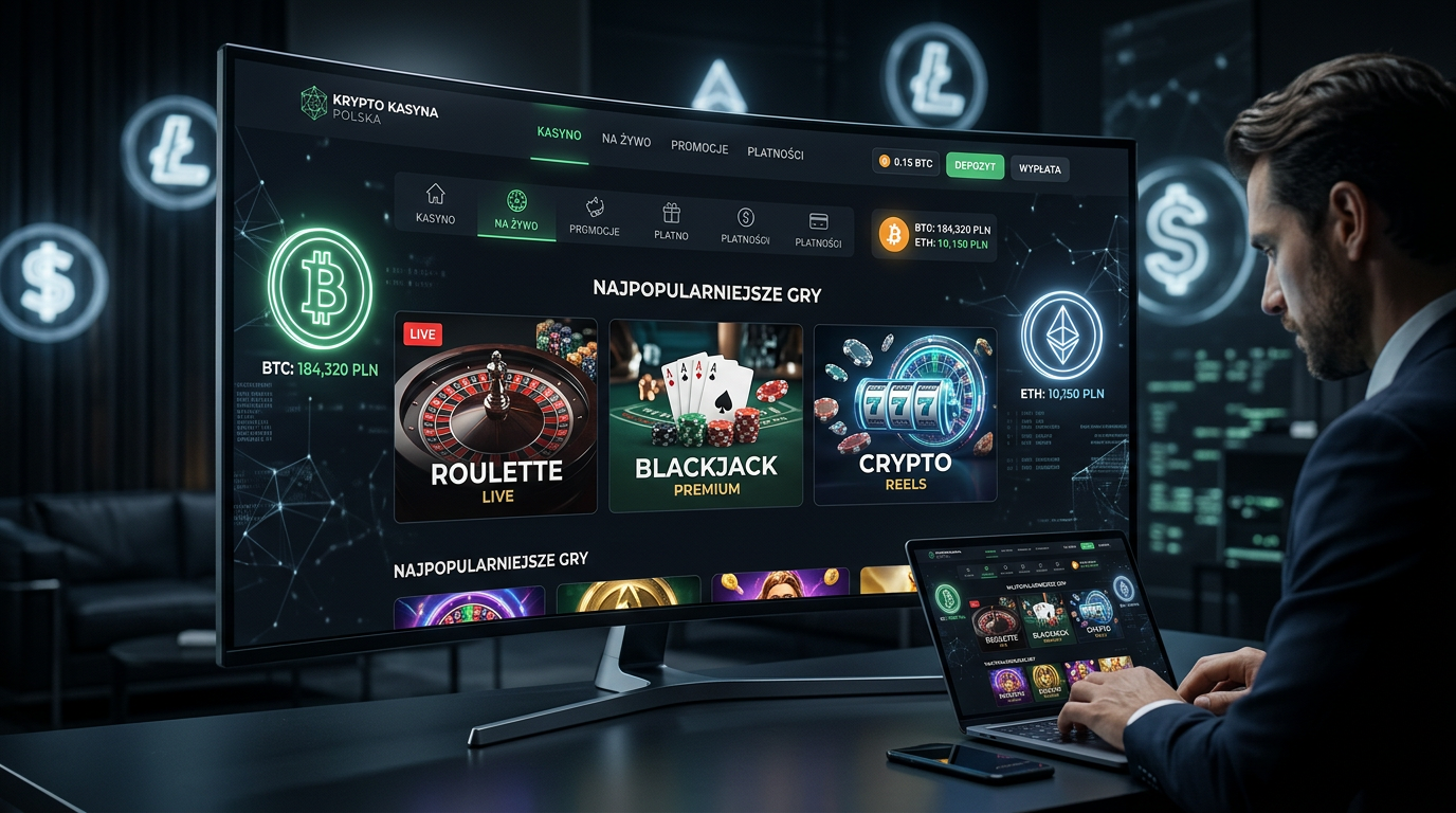 Interfejs nowoczesnego kasyna krypto z logotypami Bitcoin i Ethereum