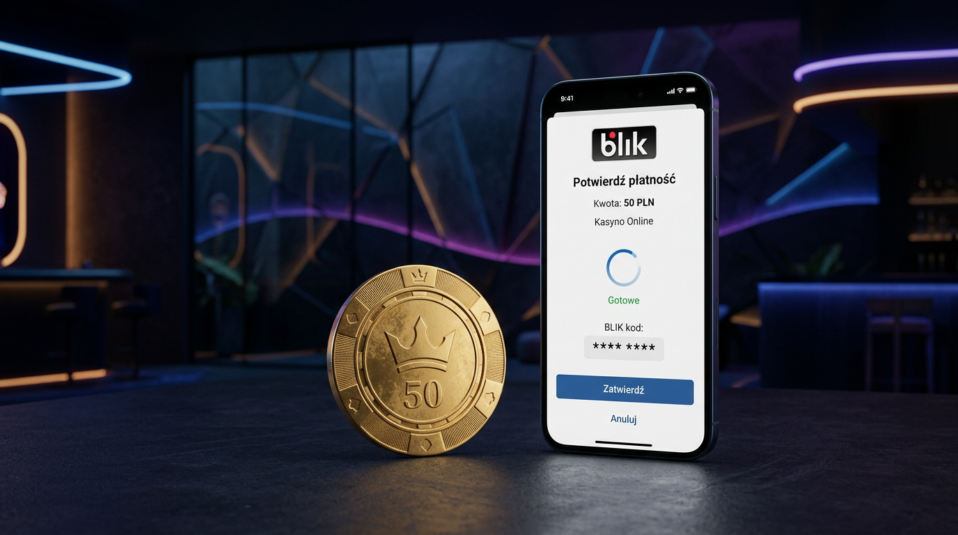 Złoty żeton kasynowy obok smartfona z ekranem płatności BLIK