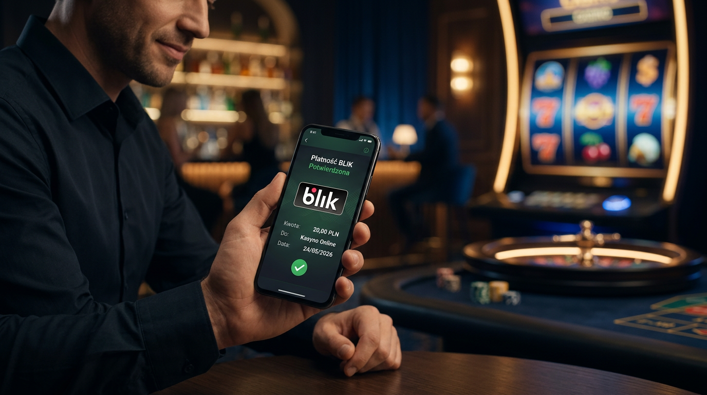 Digital visualization of a 20 PLN BLIK deposit for an online casino with a mobile interface and glowing slot machines background.