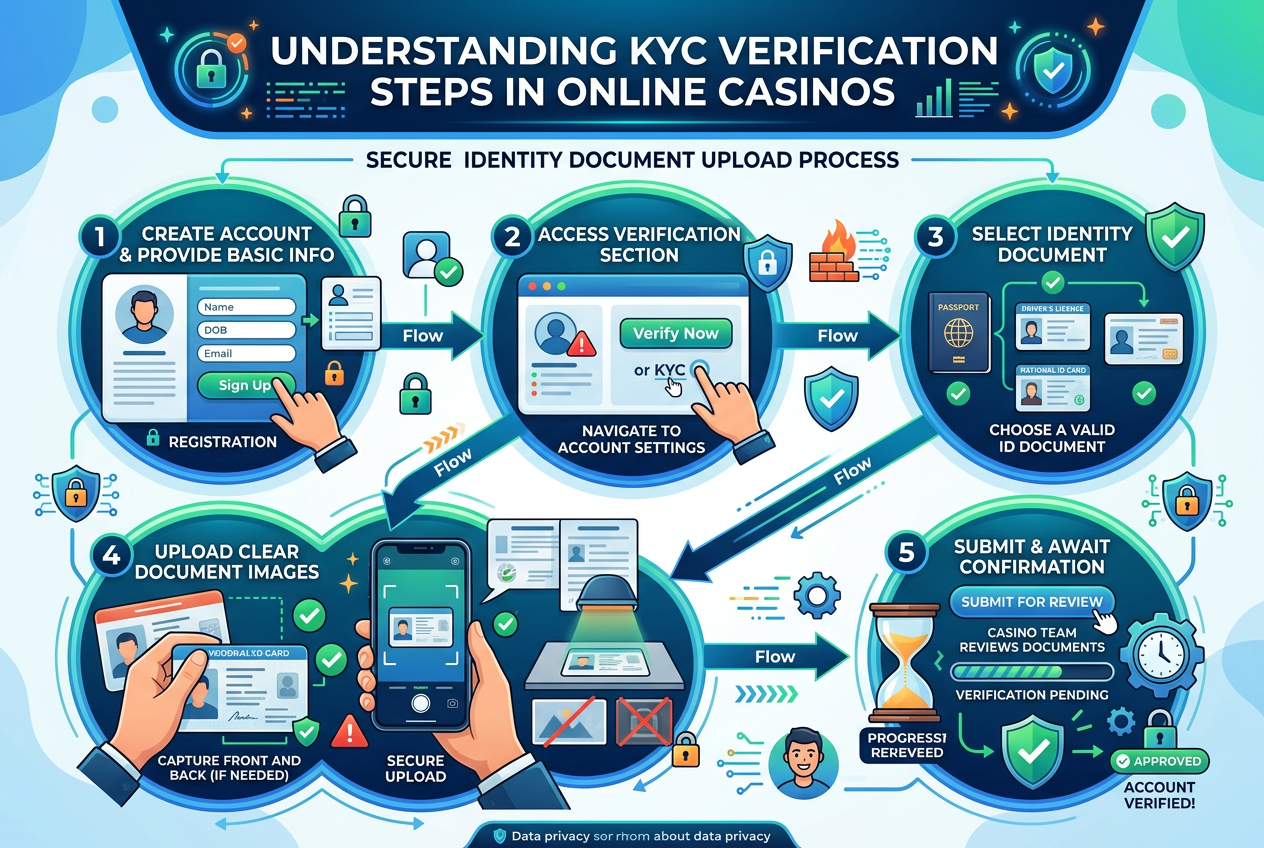 Infografika przedstawiająca etapy weryfikacji tożsamości KYC w kasynie online