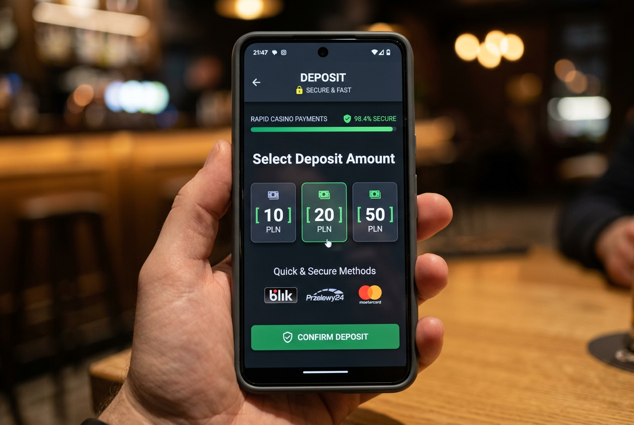 Interfejs kasyna z opcją niskiej wpłaty na smartfonie