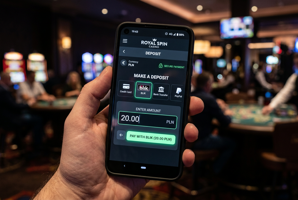 Smartphone screen displaying a modern casino payment interface with BLIK logo and 20 PLN amount field