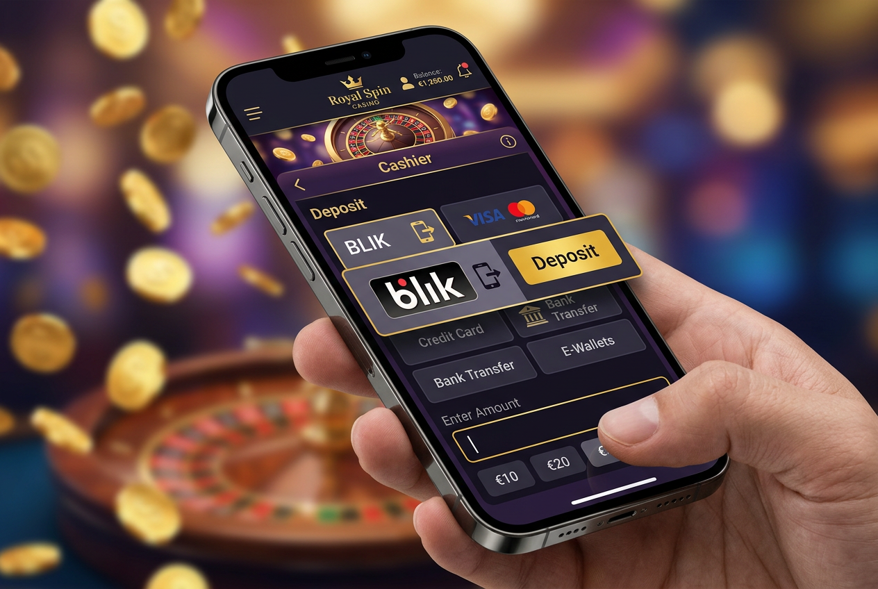 Interfejs kasyna NV Casino na smartfonie z logo BLIK