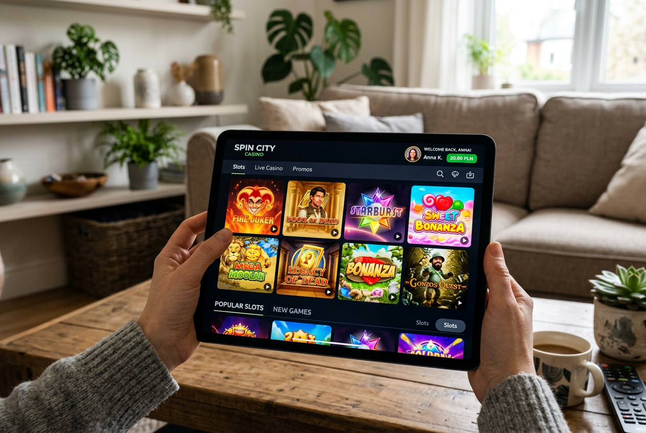 Tablet showing a vibrant online casino lobby with slot thumbnails and balance of 20 PLN